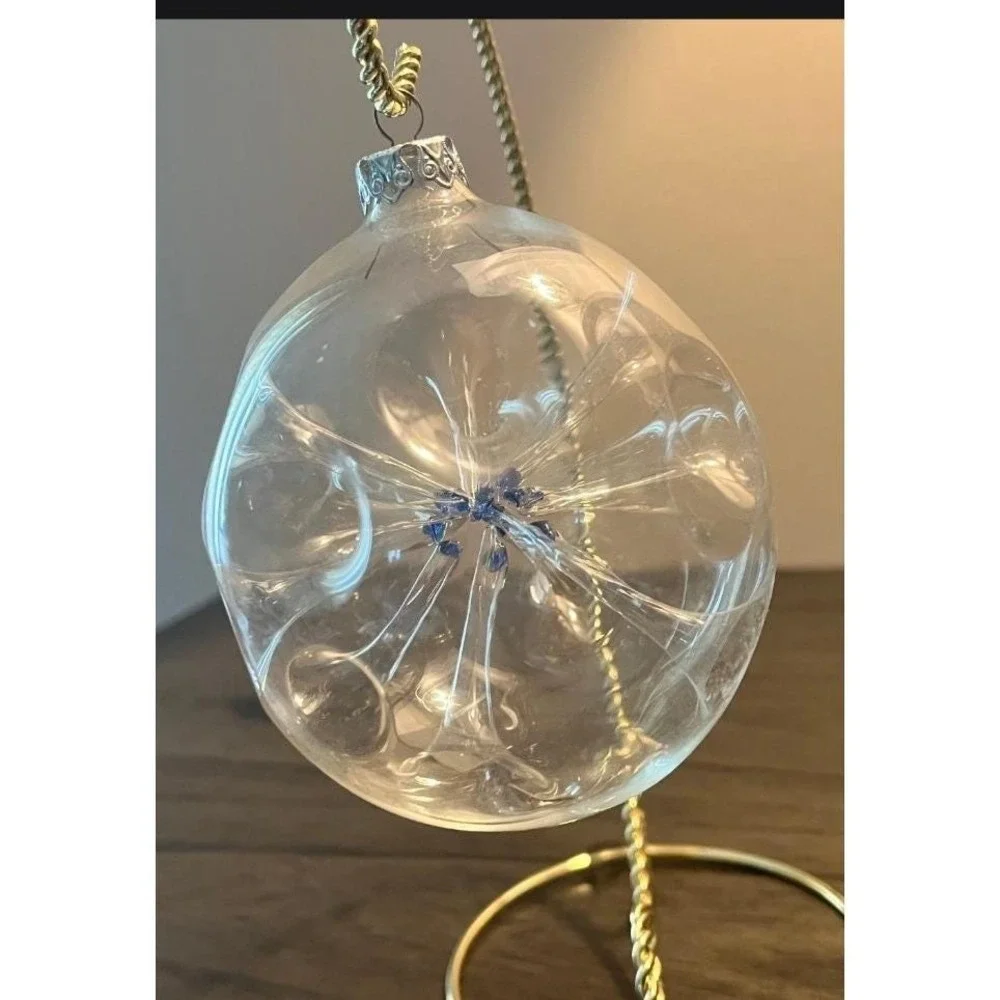 Vintage West Germany Hand Blown Clear Art Glass Christmas Ornament Blue Center